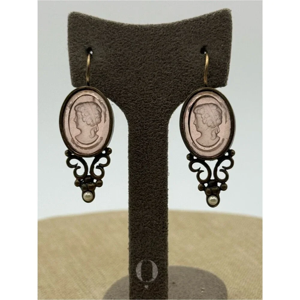 Vintage Cameo Drop Earrings - Pink Cameo with Bronze Filigree